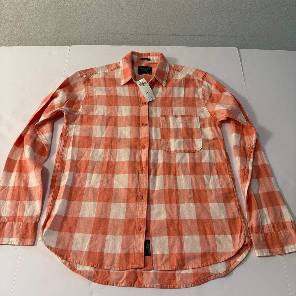 Abercrombie & Fitch Boyfriend Flannel Shirt Orange White Buffalo Check XS New